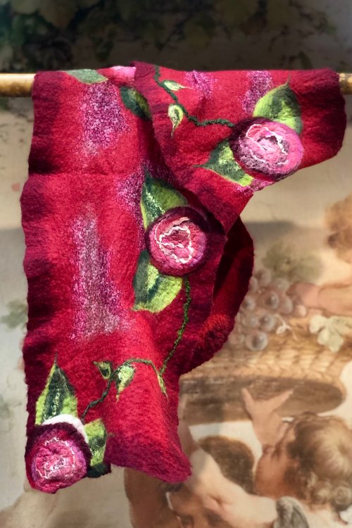 Agnes Foss - Felted Merino Scarf / Wrap - Crimson Roses on Crimson Background 